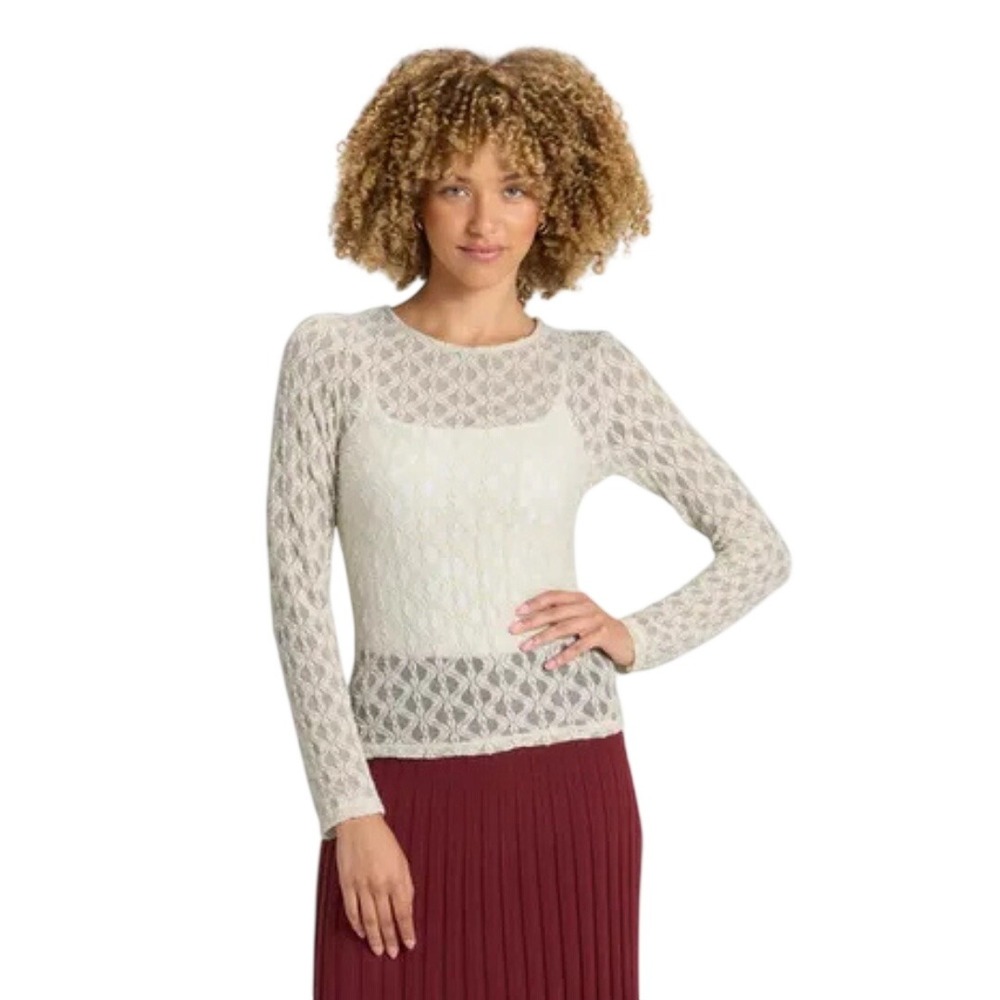 A New Day Women's Cream Floral‎ Sheer Lace Long Sleeve Top Size Large